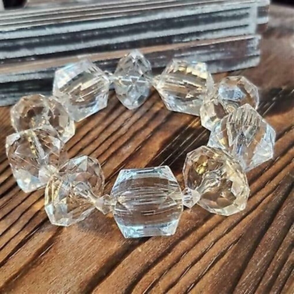Handcrafted Clear Vintage Faceted Lucite Beads Chunky Stretch Bracelet